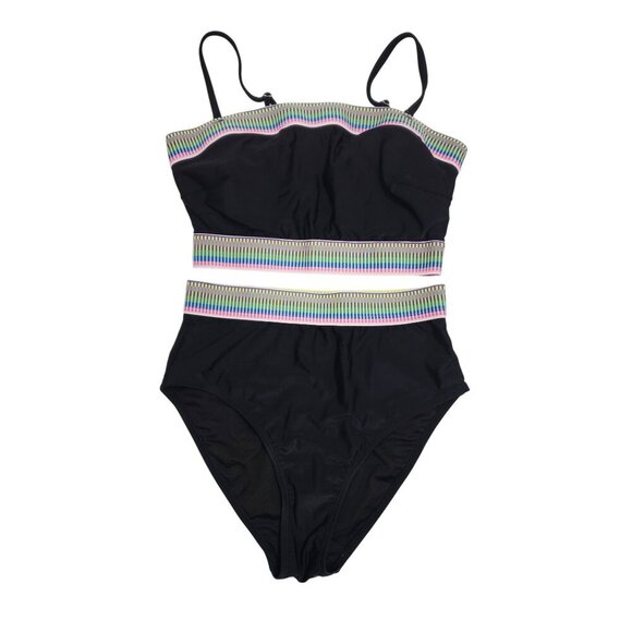Black Two-Piece Womens Swimsuit Multicolor Stripe Detail Size S - Picture 1 of 5